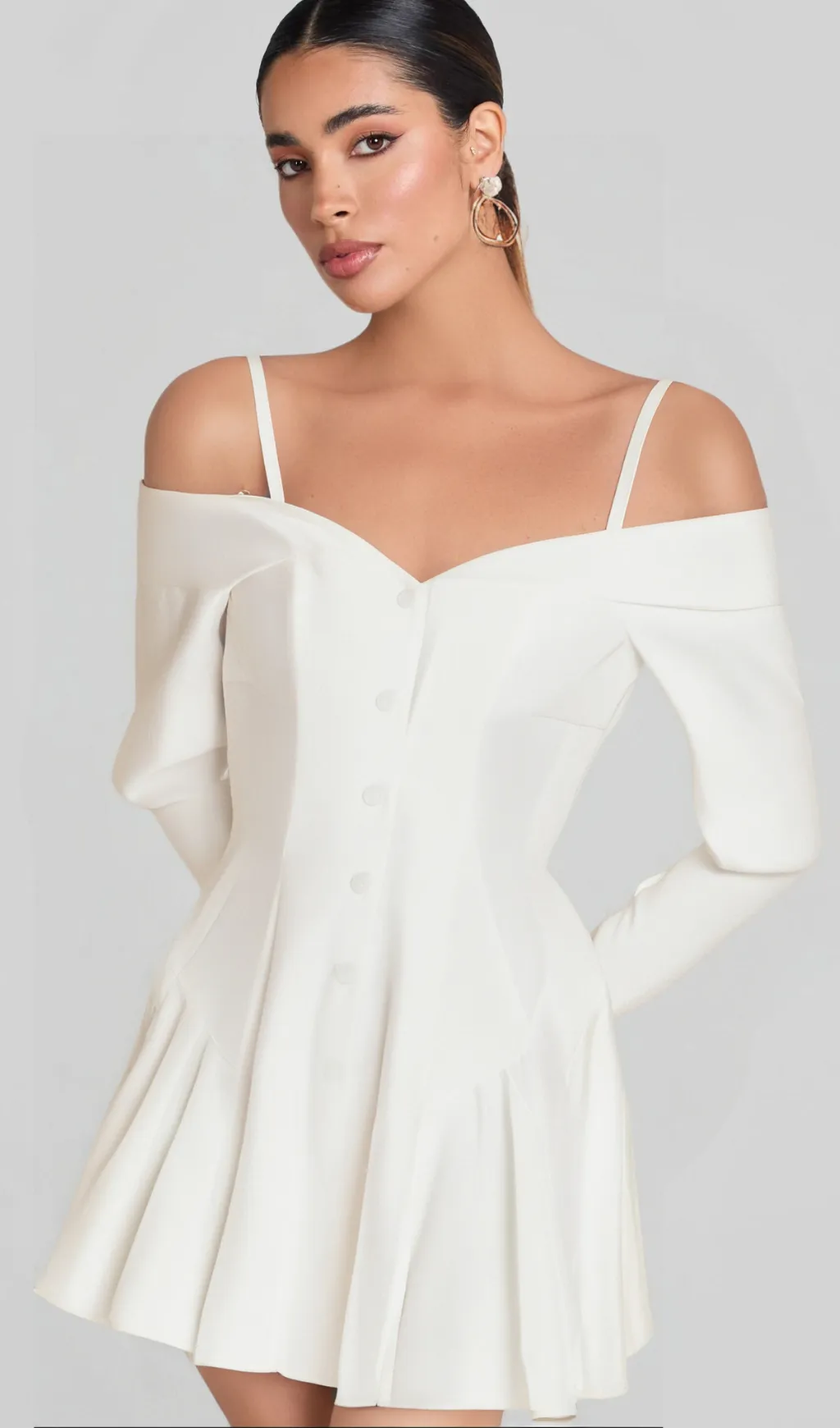 off-shoulder pleated trim mini dress in white Gloria Lanvin
