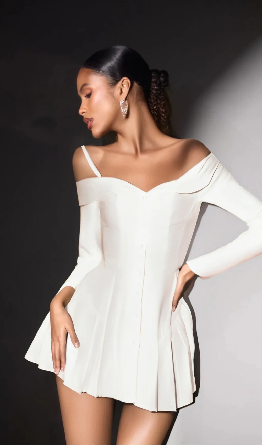 off-shoulder pleated trim mini dress in white Gloria Lanvin