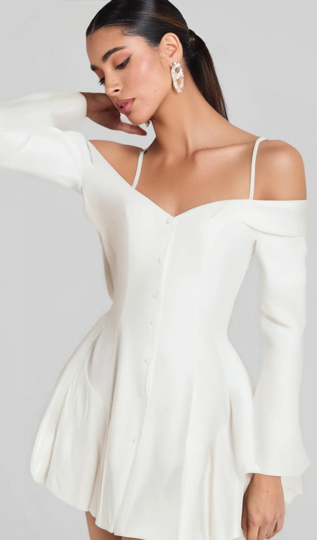off-shoulder pleated trim mini dress in white Gloria Lanvin