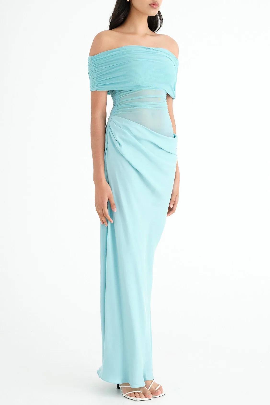 Off Shoulder Ruched Mesh Maxi Dress in Blue Gloria Lanvin