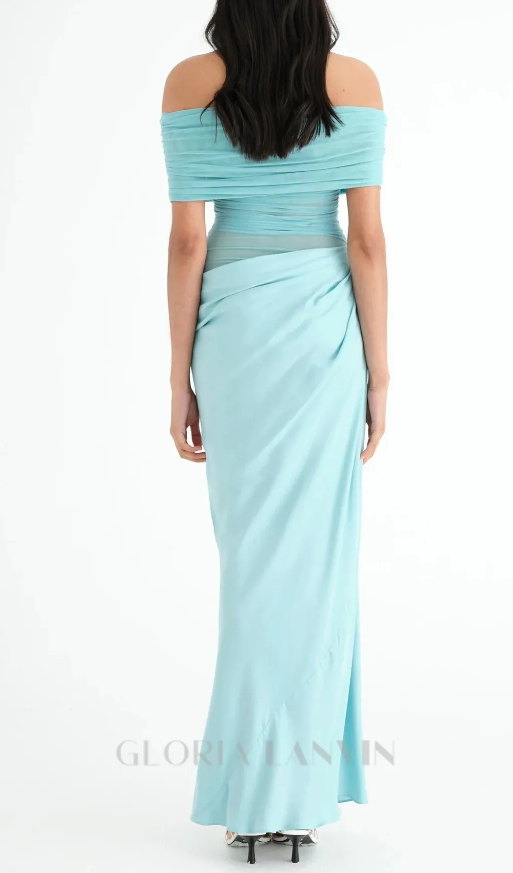 Off Shoulder Ruched Mesh Maxi Dress in Blue Gloria Lanvin