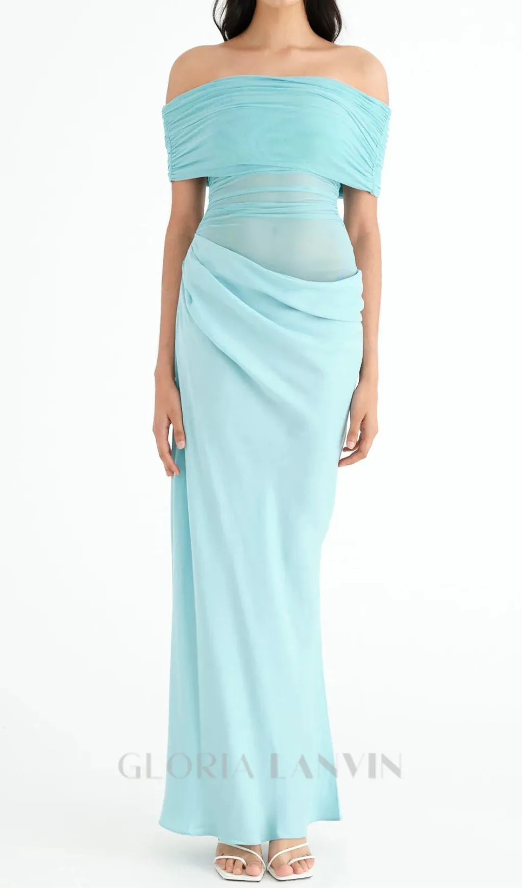 Off Shoulder Ruched Mesh Maxi Dress in Blue Gloria Lanvin