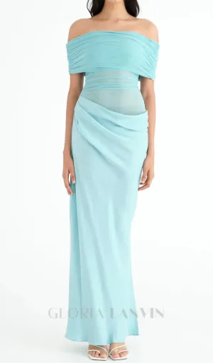 Off Shoulder Ruched Mesh Maxi Dress in Blue Gloria Lanvin