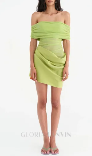 Off Shoulder Ruched Mesh Mini Dress in Green Gloria Lanvin
