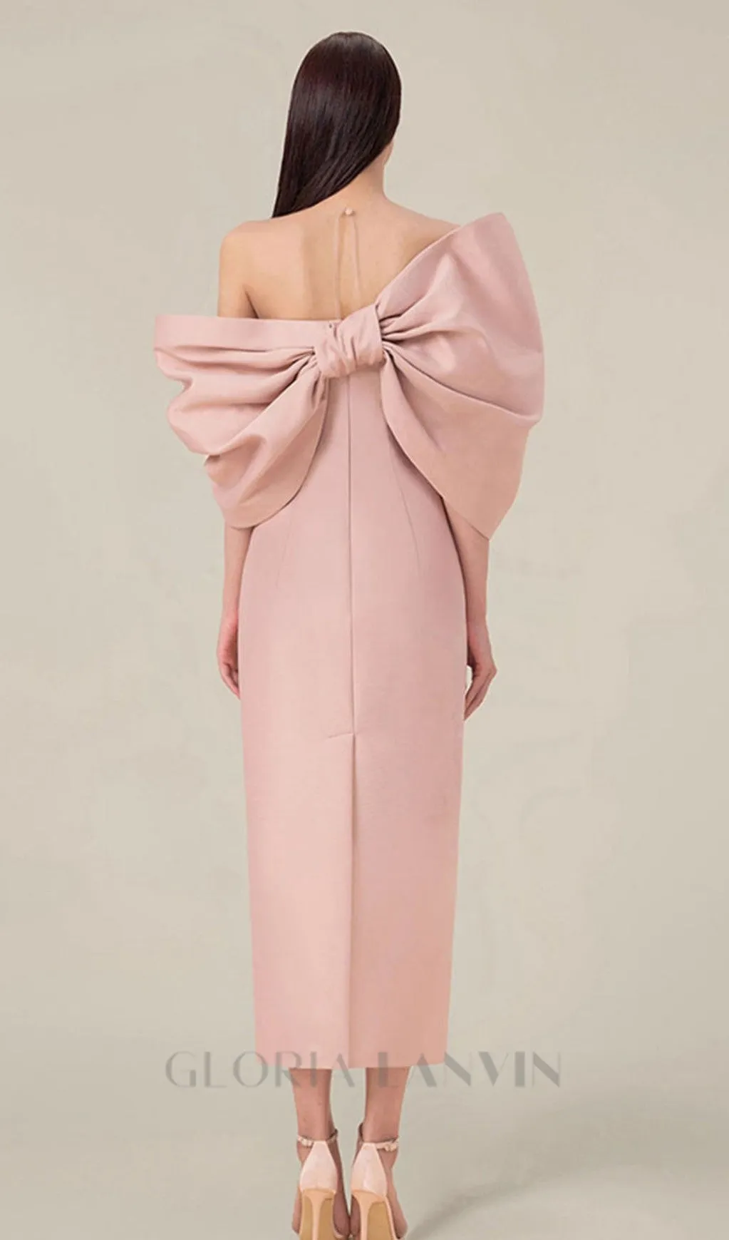 OFF SHOULDER RUCHED MIDI DRESS IN PINK Gloria Lanvin