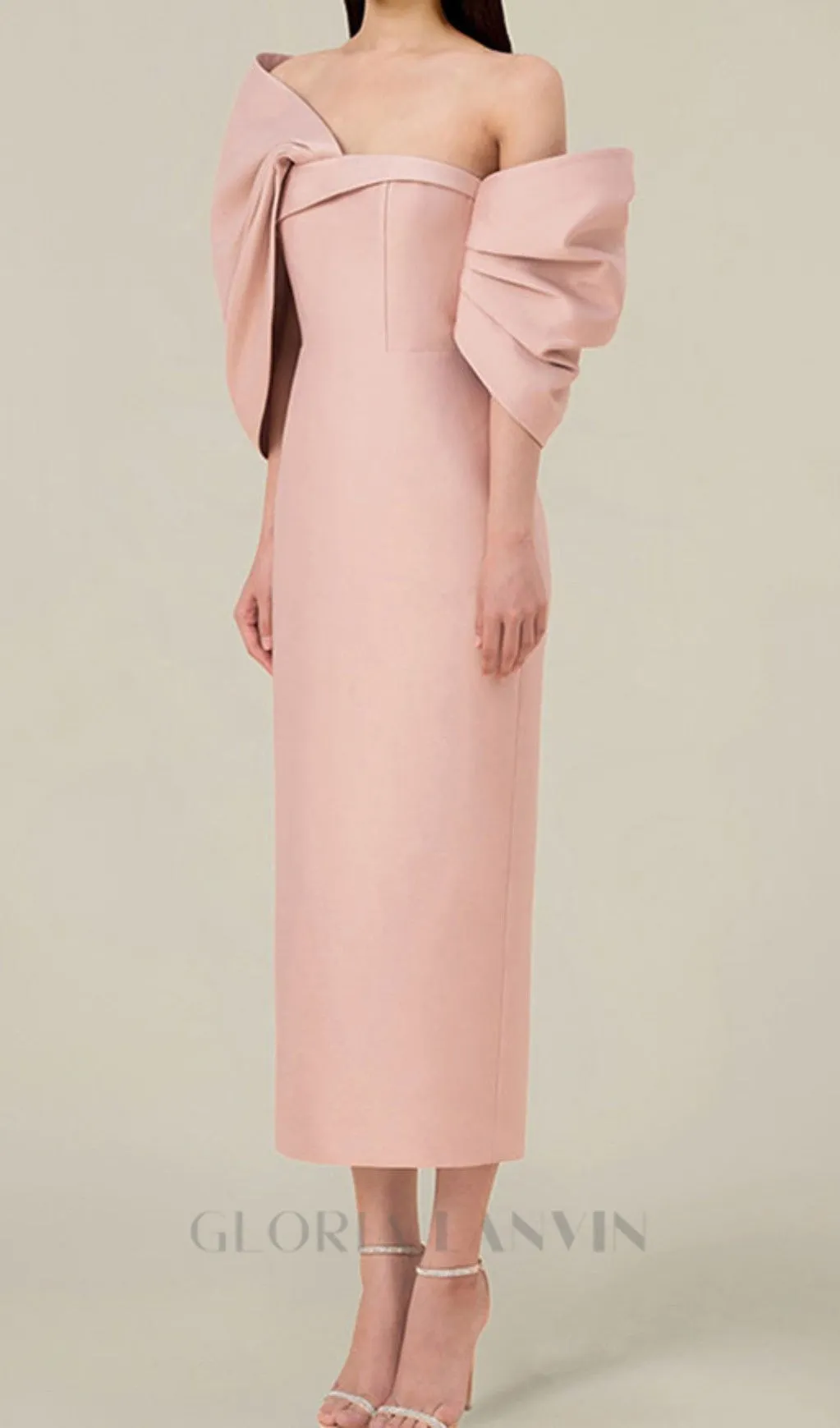 OFF SHOULDER RUCHED MIDI DRESS IN PINK Gloria Lanvin