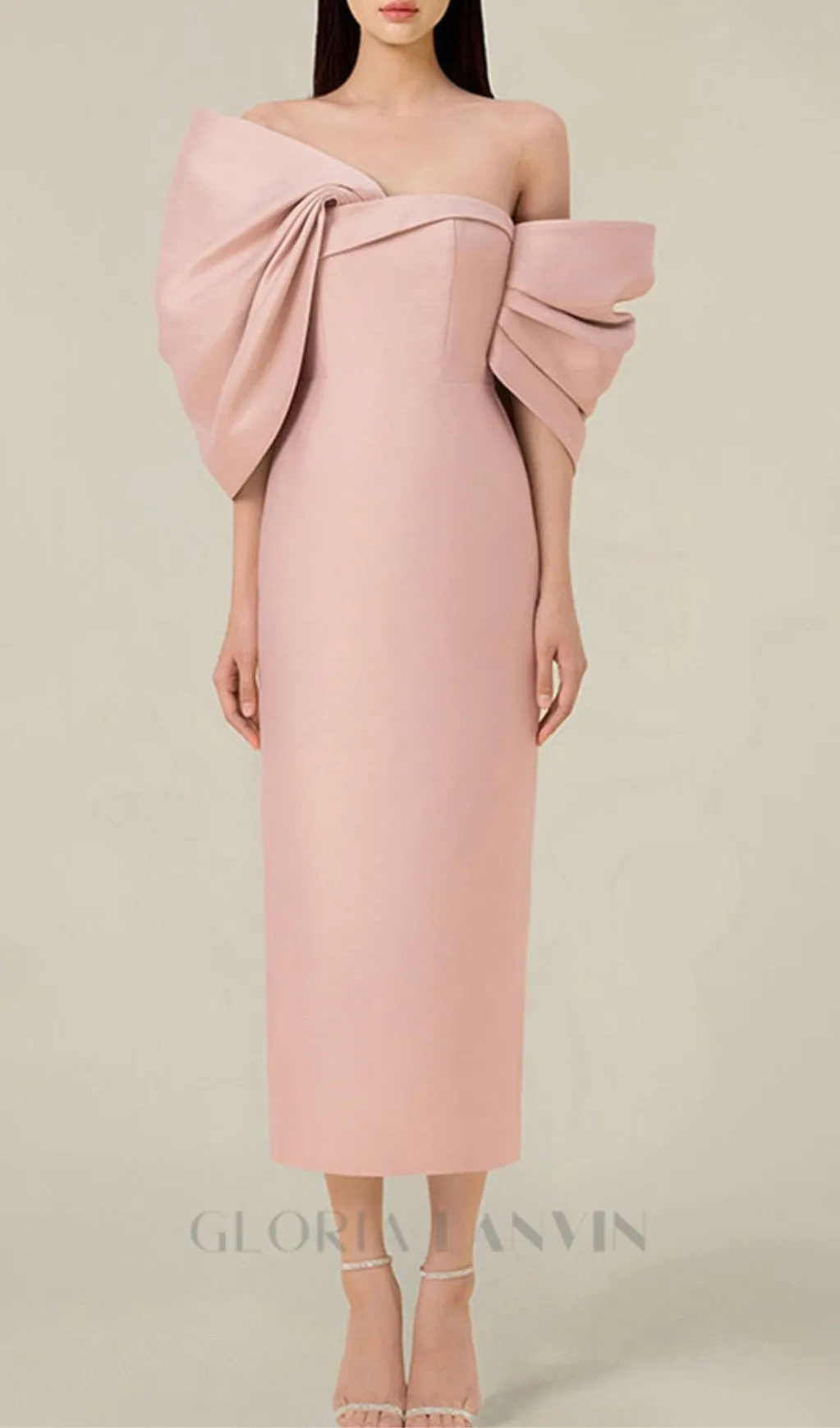 OFF SHOULDER RUCHED MIDI DRESS IN PINK Gloria Lanvin