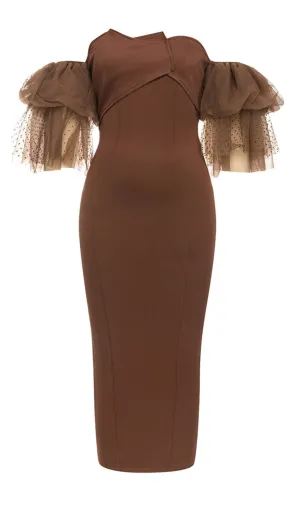 OFF-SHOULDER RUFFLED MIDI DRESS IN BROWN Gloria Lanvin