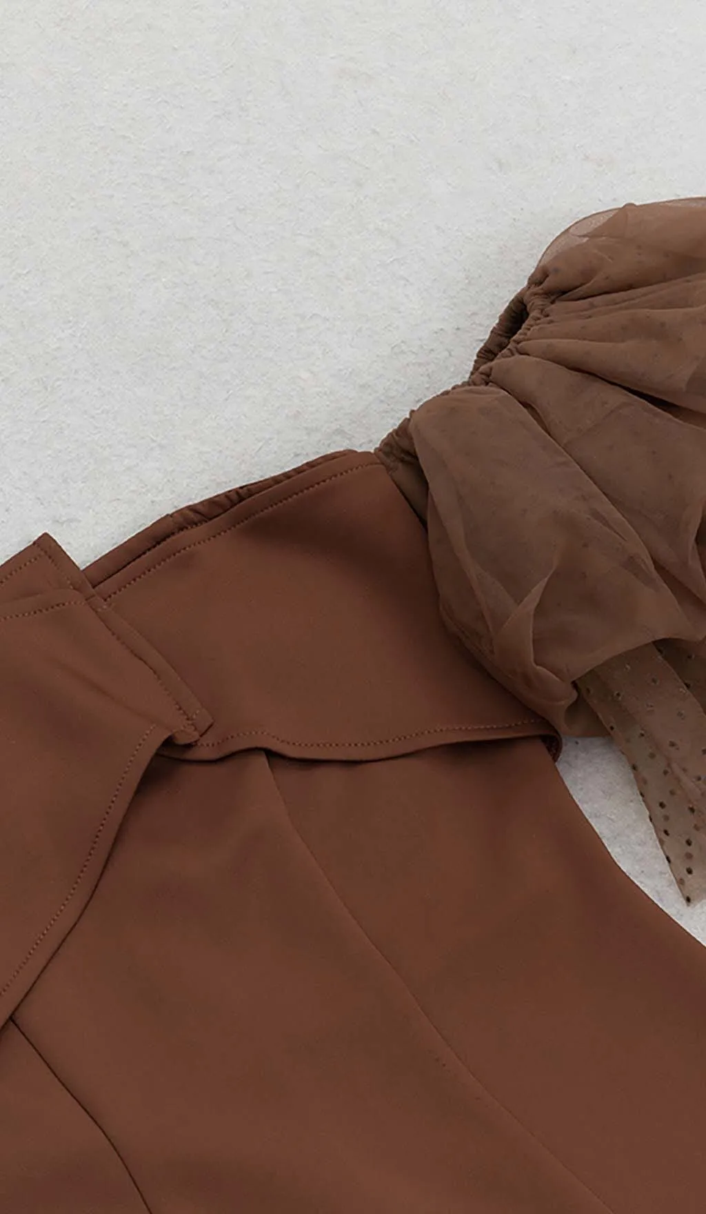 OFF-SHOULDER RUFFLED MIDI DRESS IN BROWN Gloria Lanvin