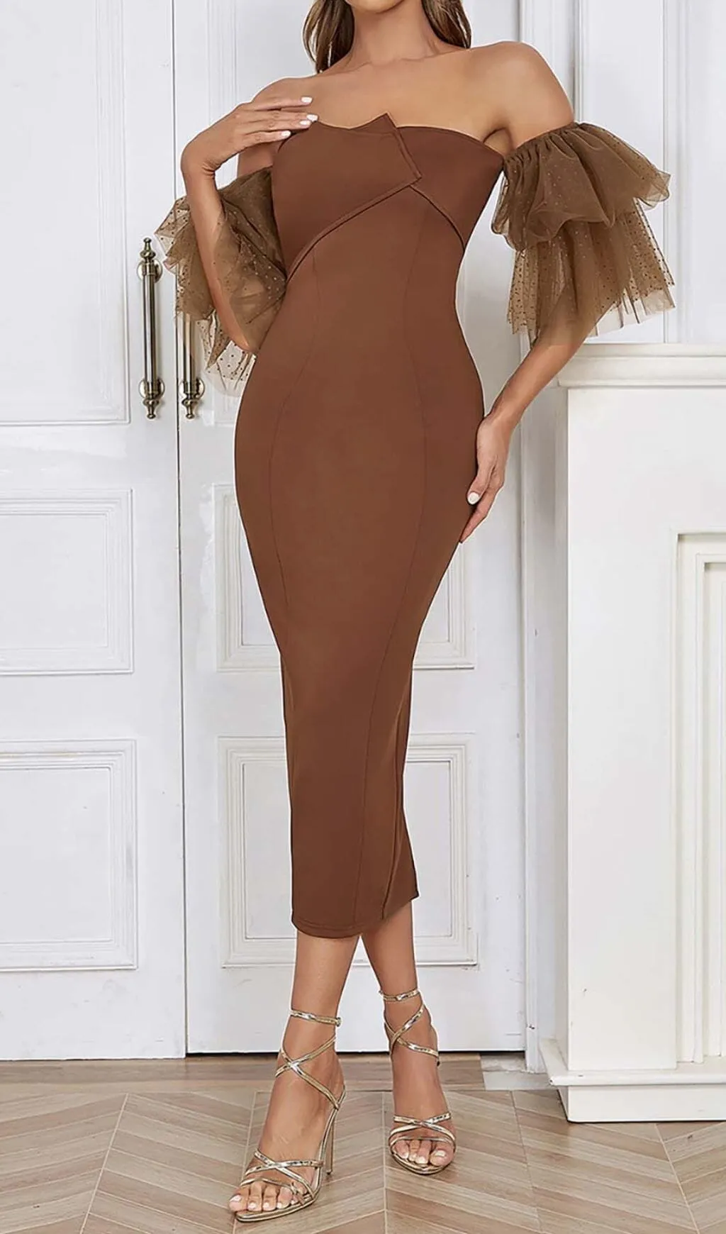 OFF-SHOULDER RUFFLED MIDI DRESS IN BROWN Gloria Lanvin