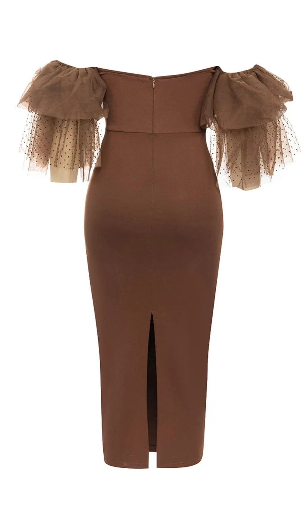 OFF-SHOULDER RUFFLED MIDI DRESS IN BROWN Gloria Lanvin