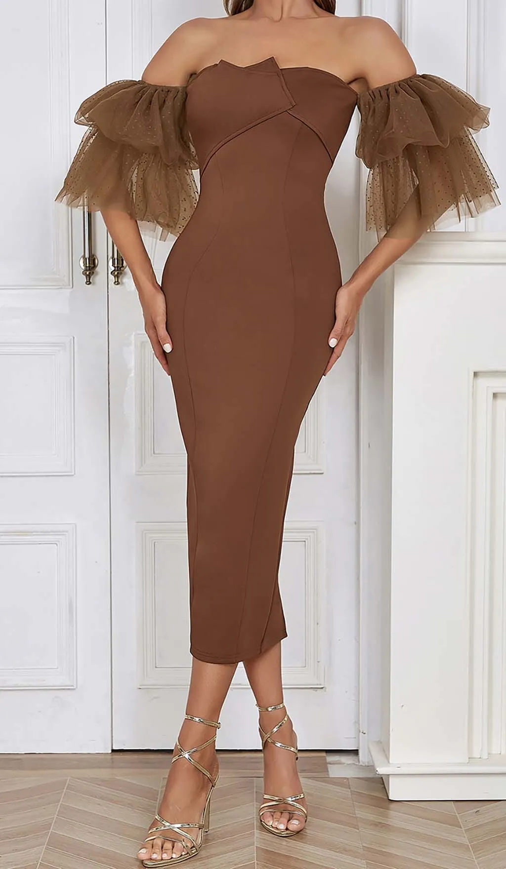 OFF-SHOULDER RUFFLED MIDI DRESS IN BROWN Gloria Lanvin