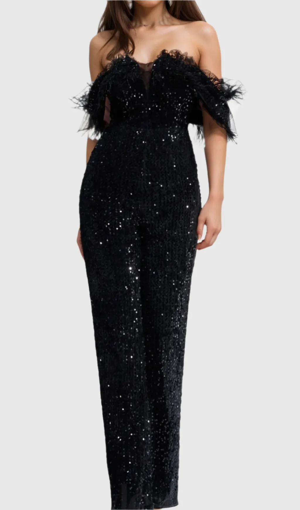 off-shoulder sequin jumpsuit in black Gloria Lanvin