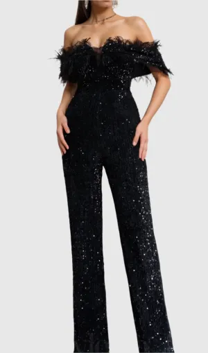 off-shoulder sequin jumpsuit in black Gloria Lanvin