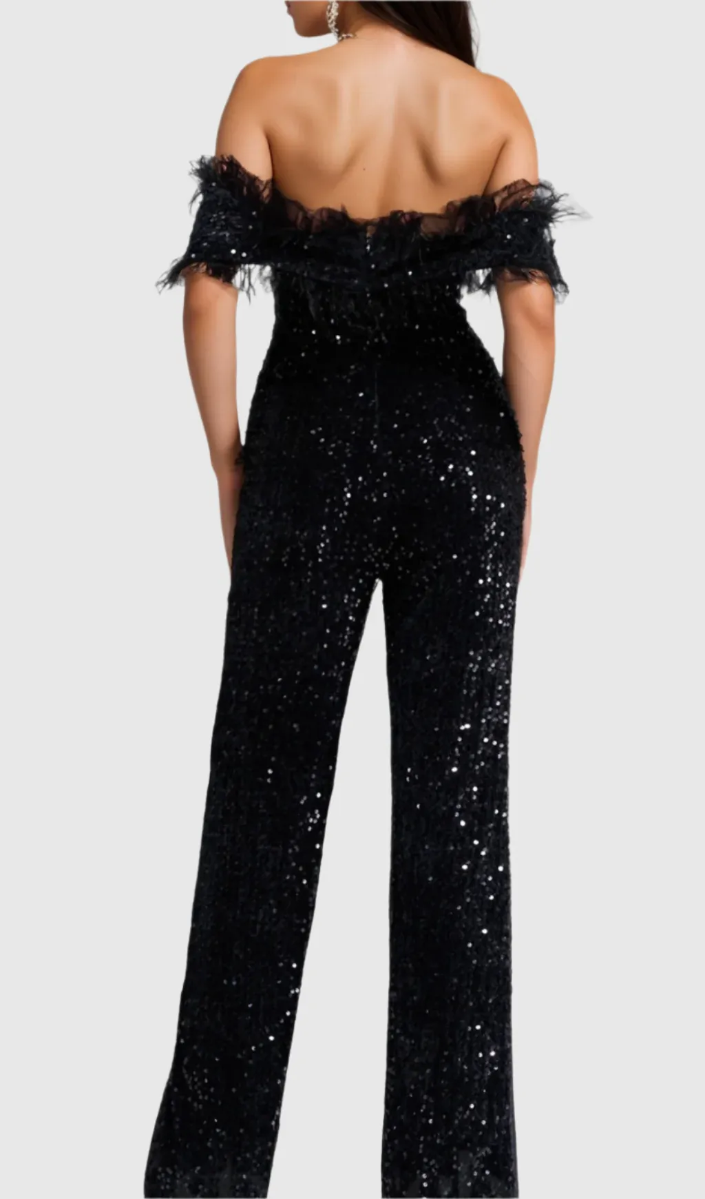 off-shoulder sequin jumpsuit in black Gloria Lanvin