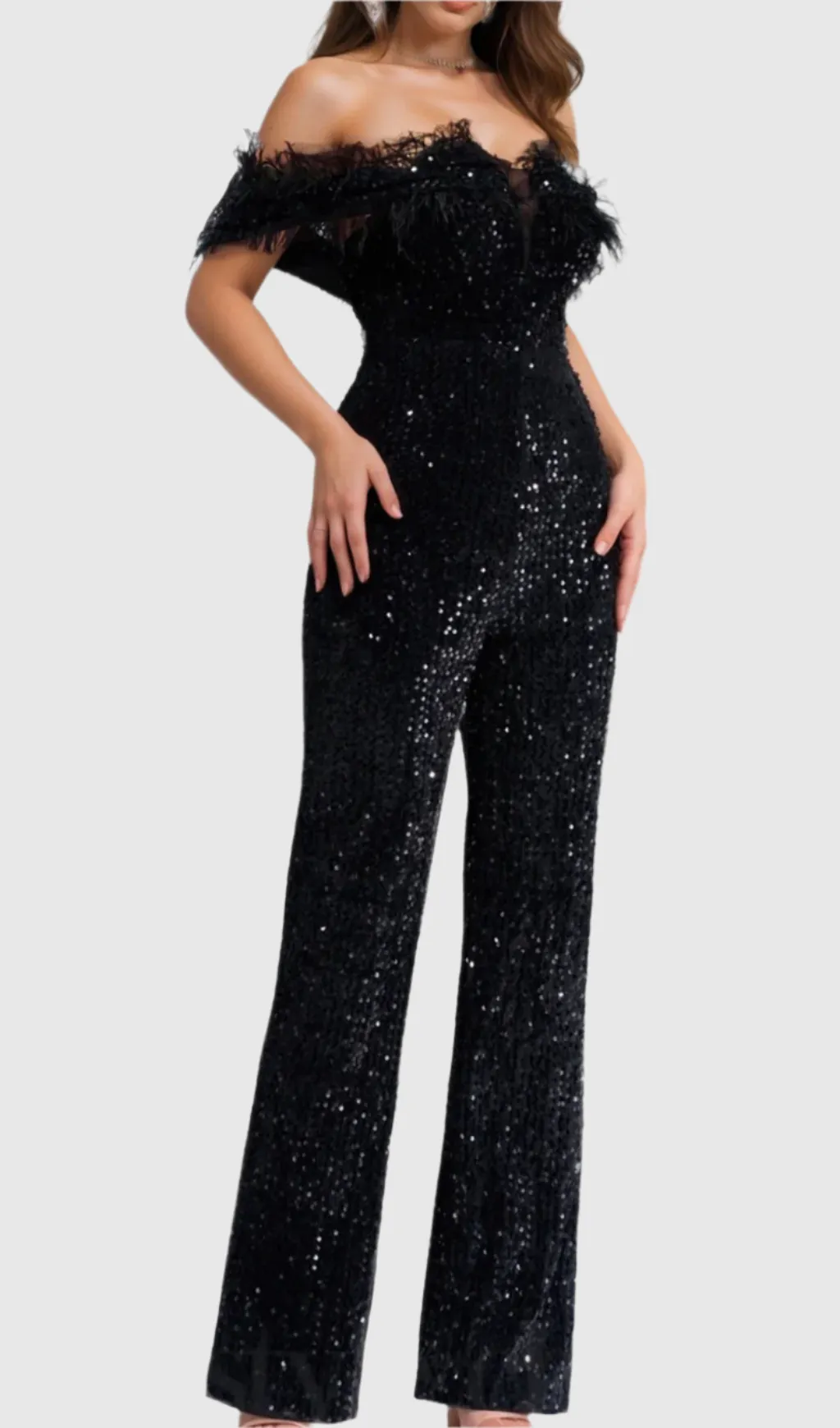 off-shoulder sequin jumpsuit in black Gloria Lanvin