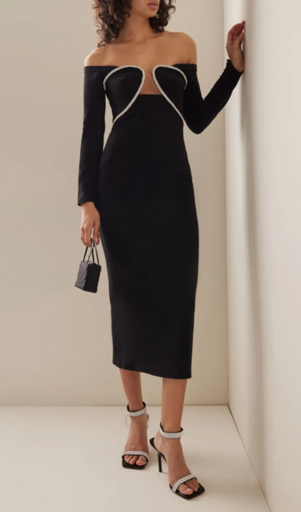 OFF-THE-SHOULDER CRYSTAL-EMBELLISHED TULLE-TRIMMED CREPE MIDI DRESS Gloria Lanvin