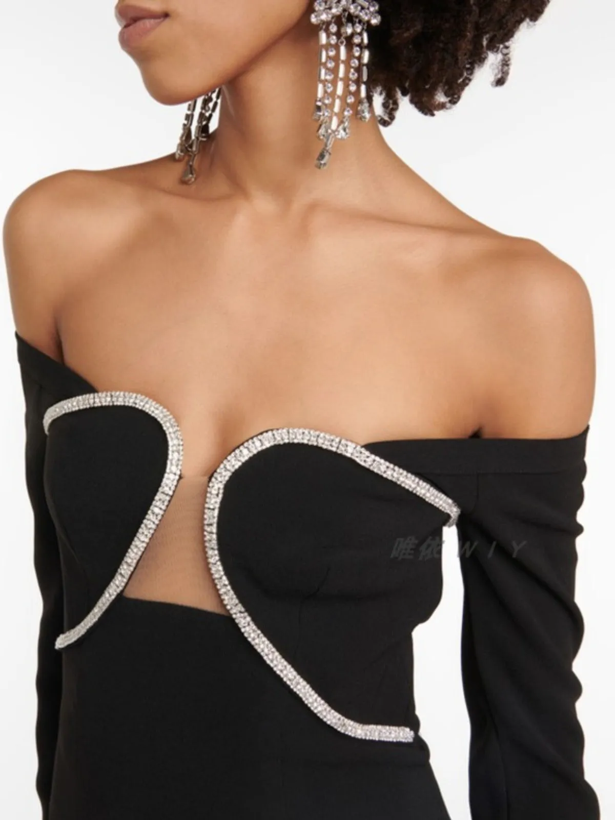 OFF-THE-SHOULDER CRYSTAL-EMBELLISHED TULLE-TRIMMED CREPE MIDI DRESS Gloria Lanvin