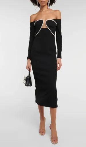 OFF-THE-SHOULDER CRYSTAL-EMBELLISHED TULLE-TRIMMED CREPE MIDI DRESS Gloria Lanvin