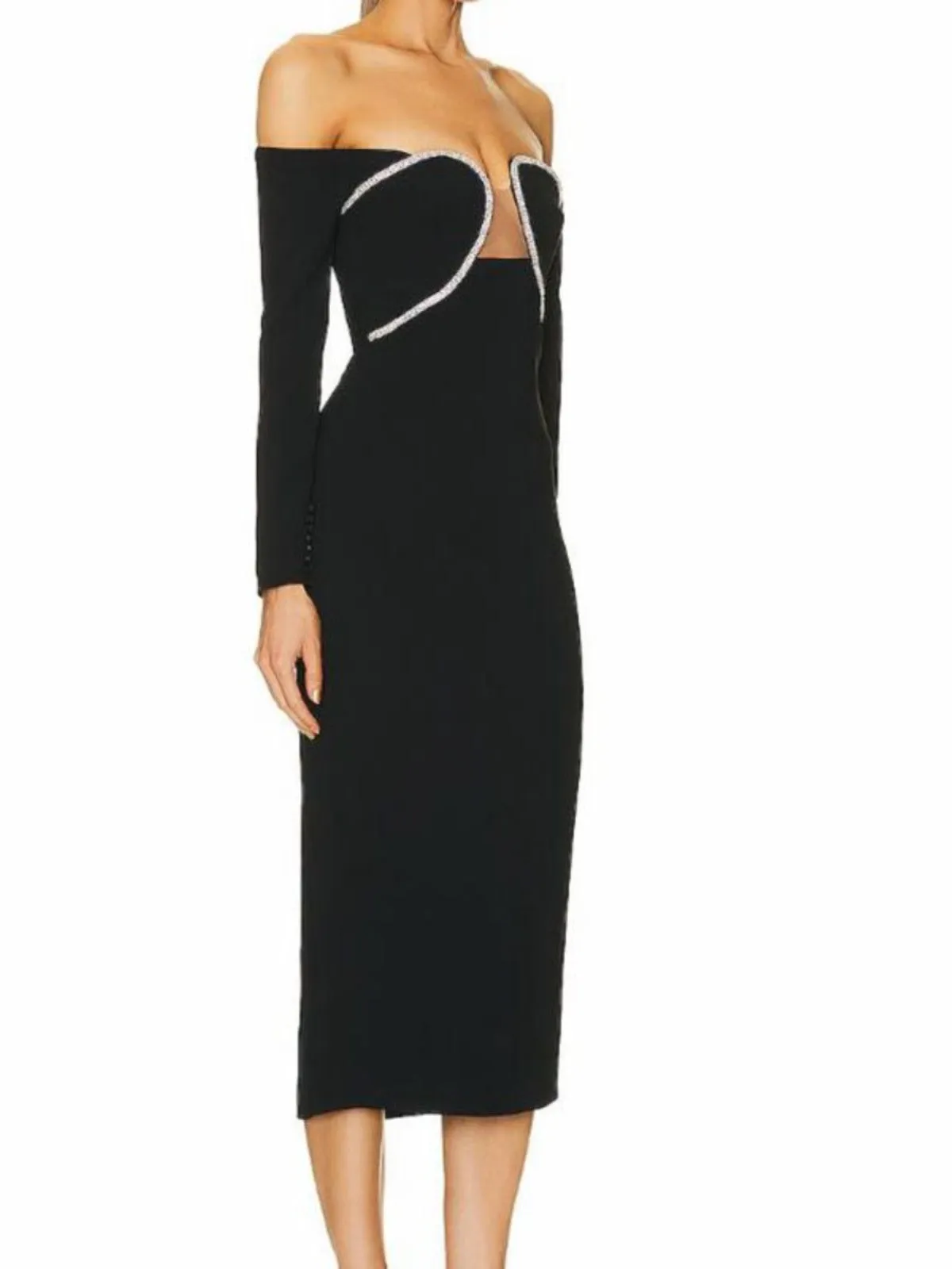 OFF-THE-SHOULDER CRYSTAL-EMBELLISHED TULLE-TRIMMED CREPE MIDI DRESS Gloria Lanvin