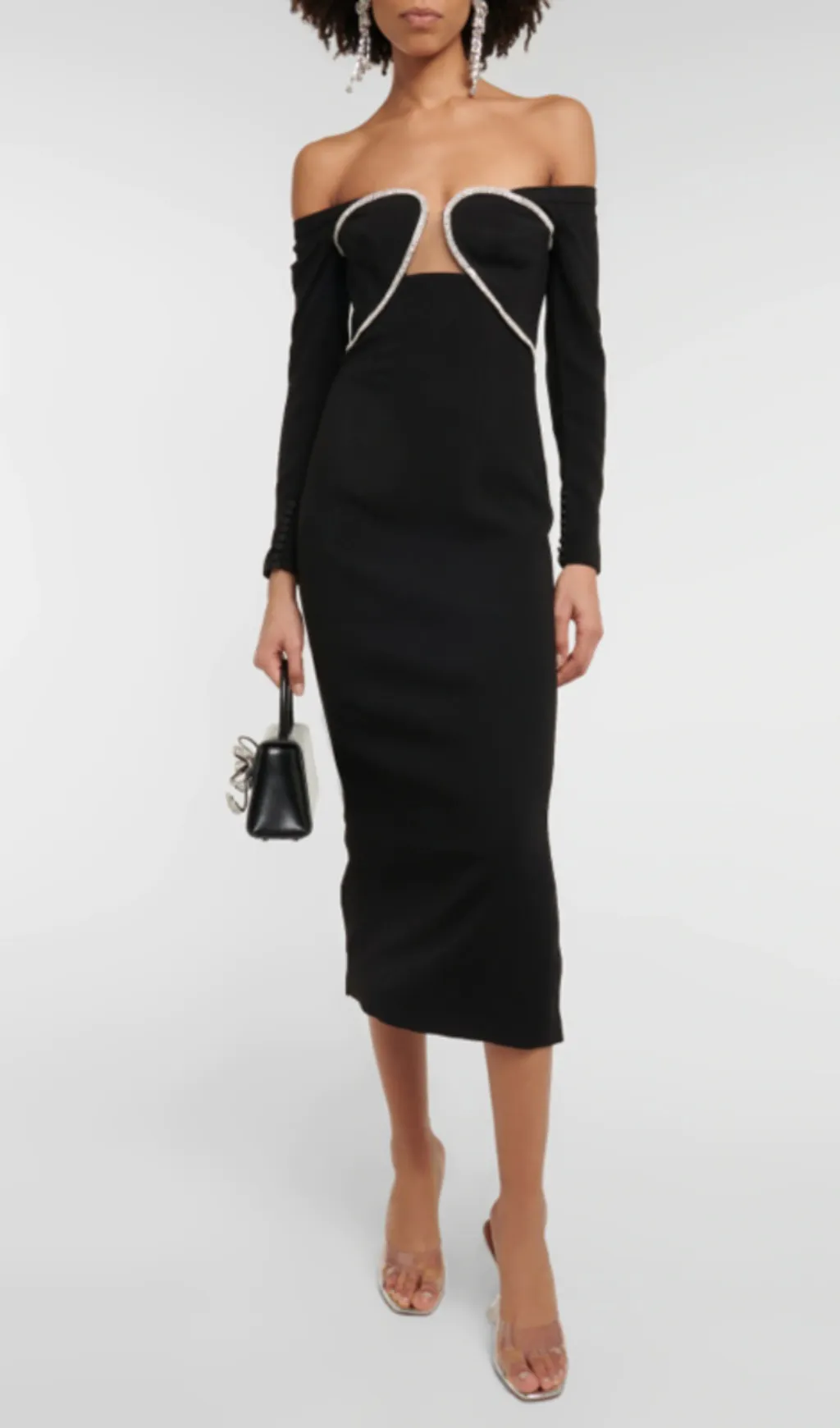 OFF-THE-SHOULDER CRYSTAL-EMBELLISHED TULLE-TRIMMED CREPE MIDI DRESS Gloria Lanvin