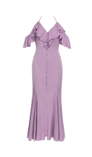 OFF-THE-SHOULDER PLEATED SLIT RUFFLED MAXI DRESS Gloria Lanvin