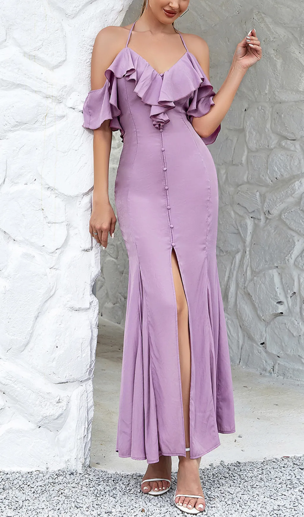 OFF-THE-SHOULDER PLEATED SLIT RUFFLED MAXI DRESS Gloria Lanvin