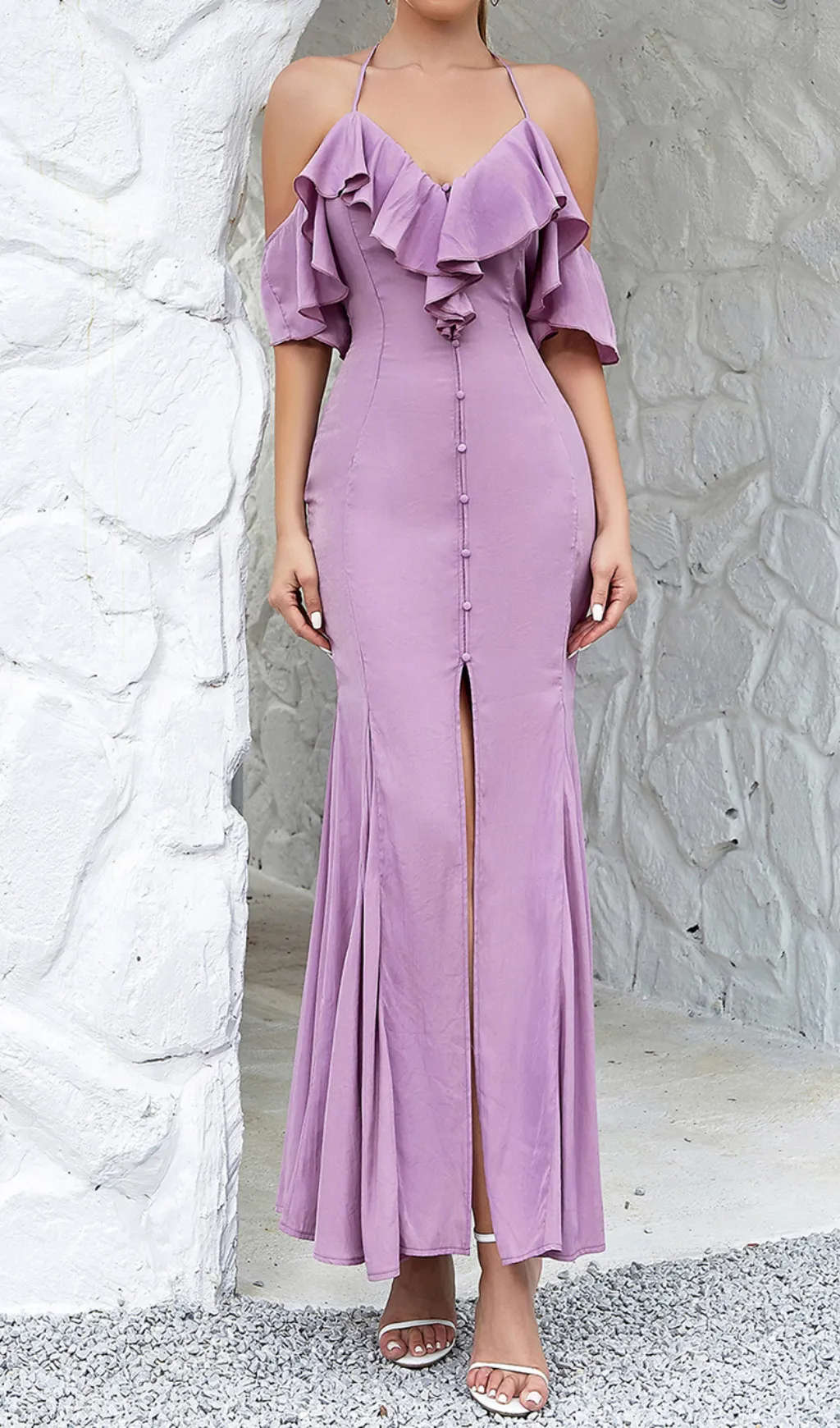 OFF-THE-SHOULDER PLEATED SLIT RUFFLED MAXI DRESS Gloria Lanvin