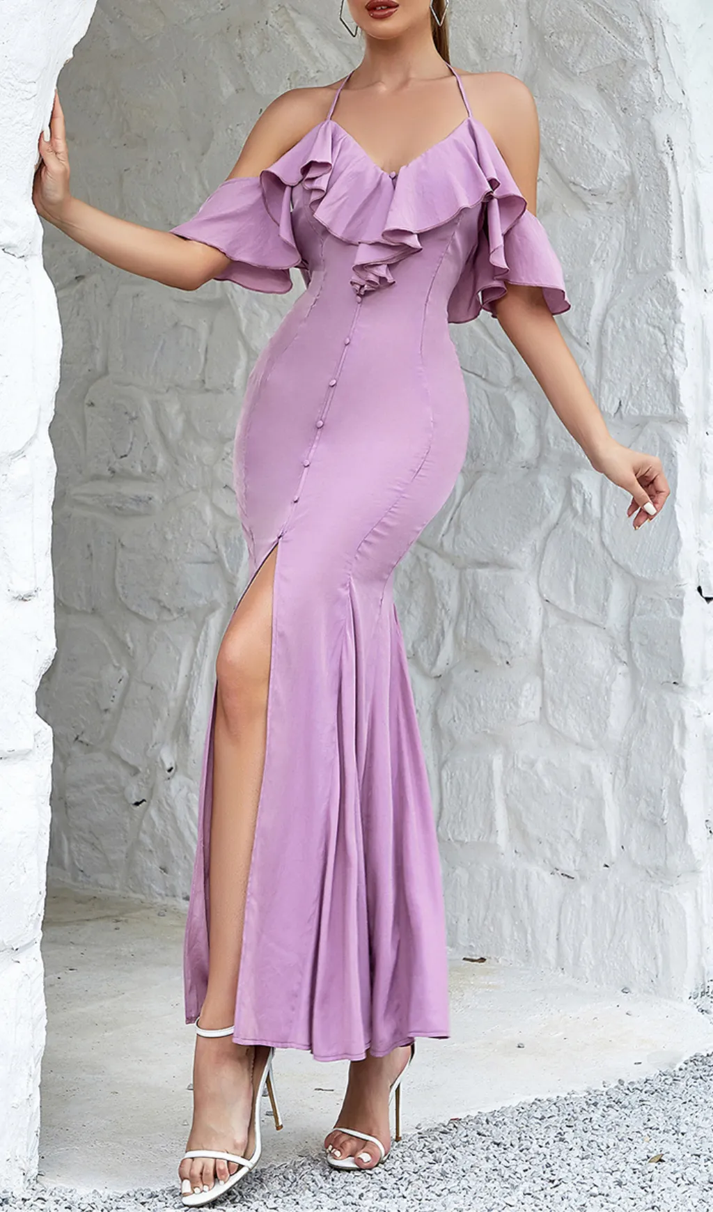 OFF-THE-SHOULDER PLEATED SLIT RUFFLED MAXI DRESS Gloria Lanvin