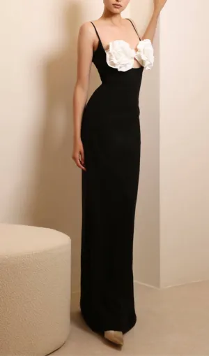 OFF-WHITE CREPE FLOWERS EVENING MAXI DRESS IN BLACK Gloria Lanvin