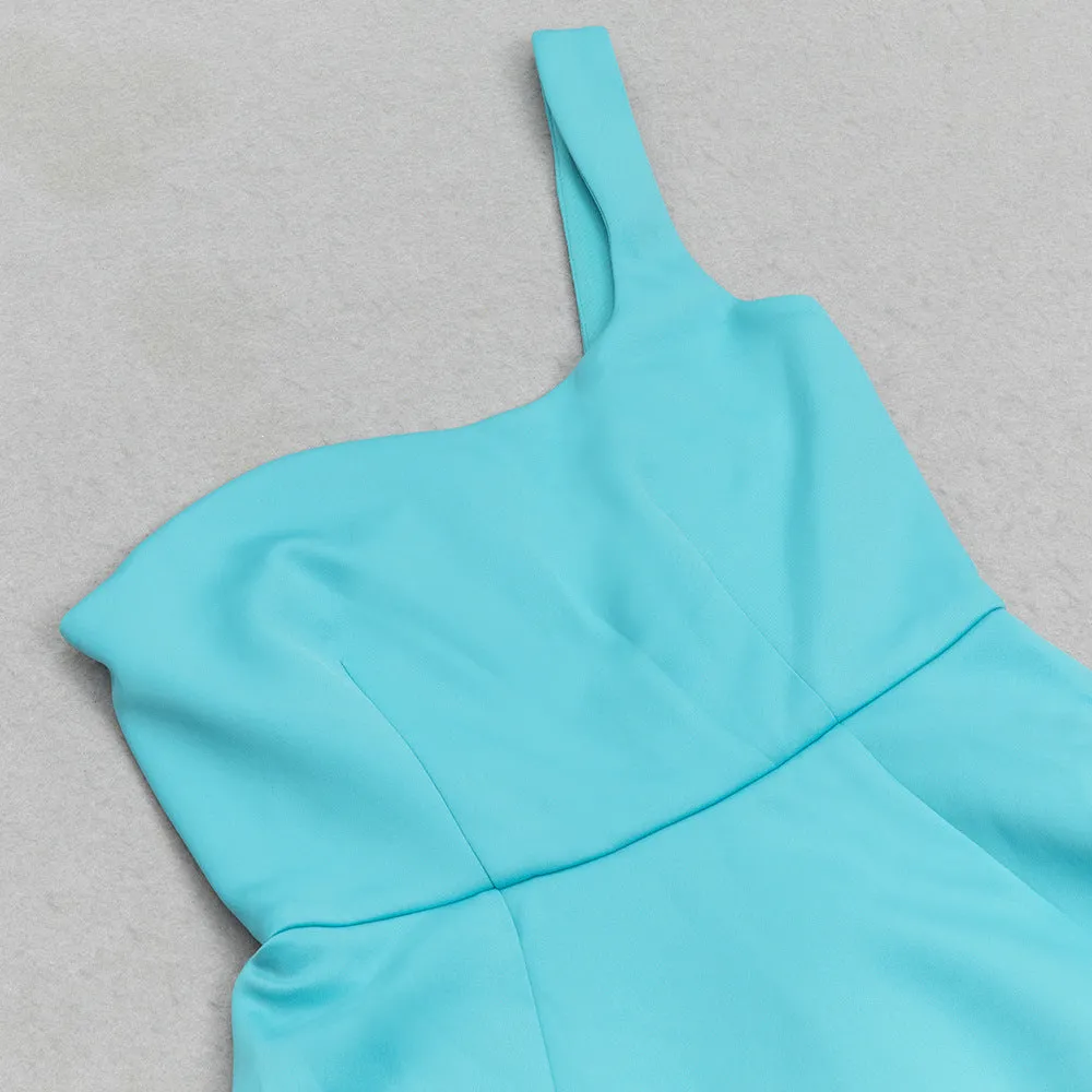 ONE SHOULDER BODYCON RUFFLED MESH BLUE PLEATED MIDI DRESS Gloria Lanvin