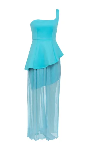 ONE SHOULDER BODYCON RUFFLED MESH BLUE PLEATED MIDI DRESS Gloria Lanvin