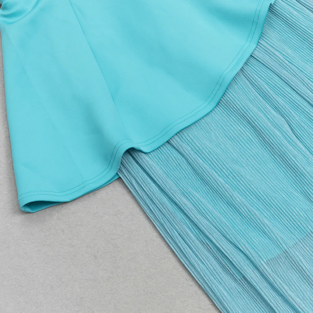 ONE SHOULDER BODYCON RUFFLED MESH BLUE PLEATED MIDI DRESS Gloria Lanvin