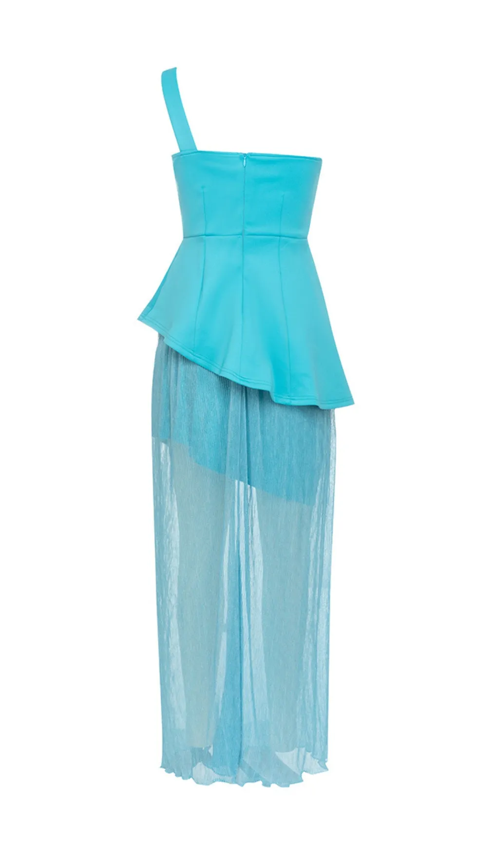 ONE SHOULDER BODYCON RUFFLED MESH BLUE PLEATED MIDI DRESS Gloria Lanvin