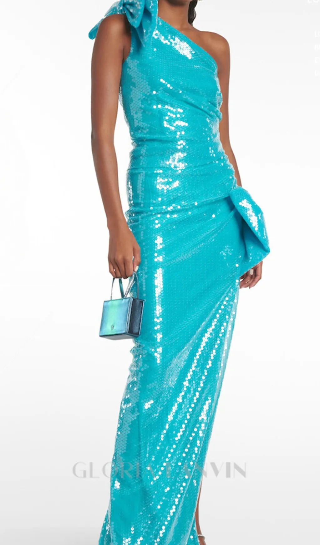 One Shoulder Bow Sequin Maxi Dress in blue Gloria Lanvin