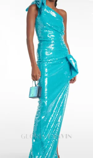 One Shoulder Bow Sequin Maxi Dress in blue Gloria Lanvin