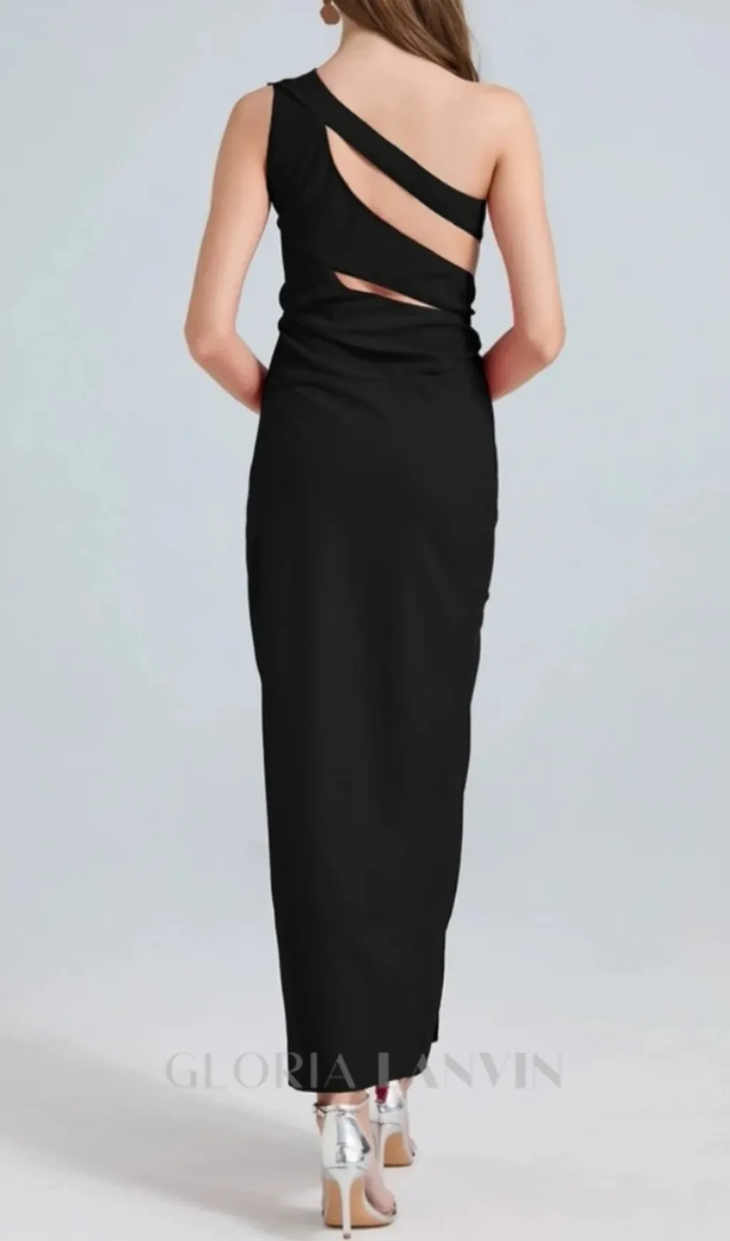 one-shoulder cutout side slit maxi dress in black Gloria Lanvin