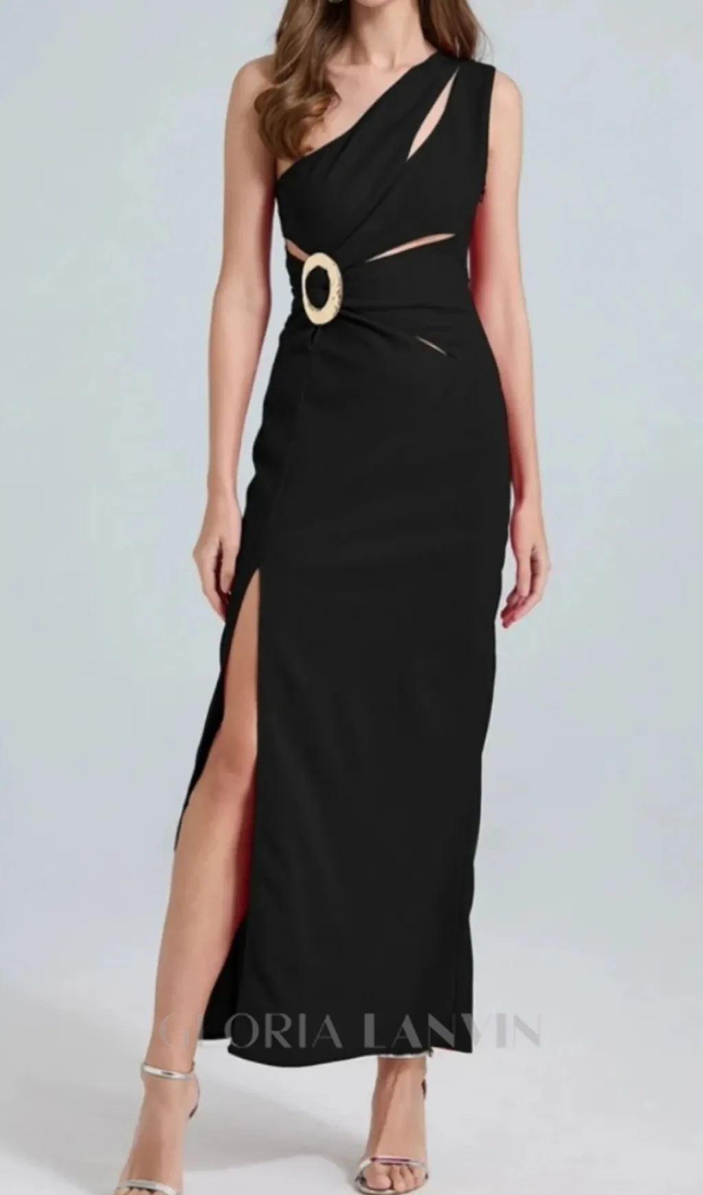 one-shoulder cutout side slit maxi dress in black Gloria Lanvin