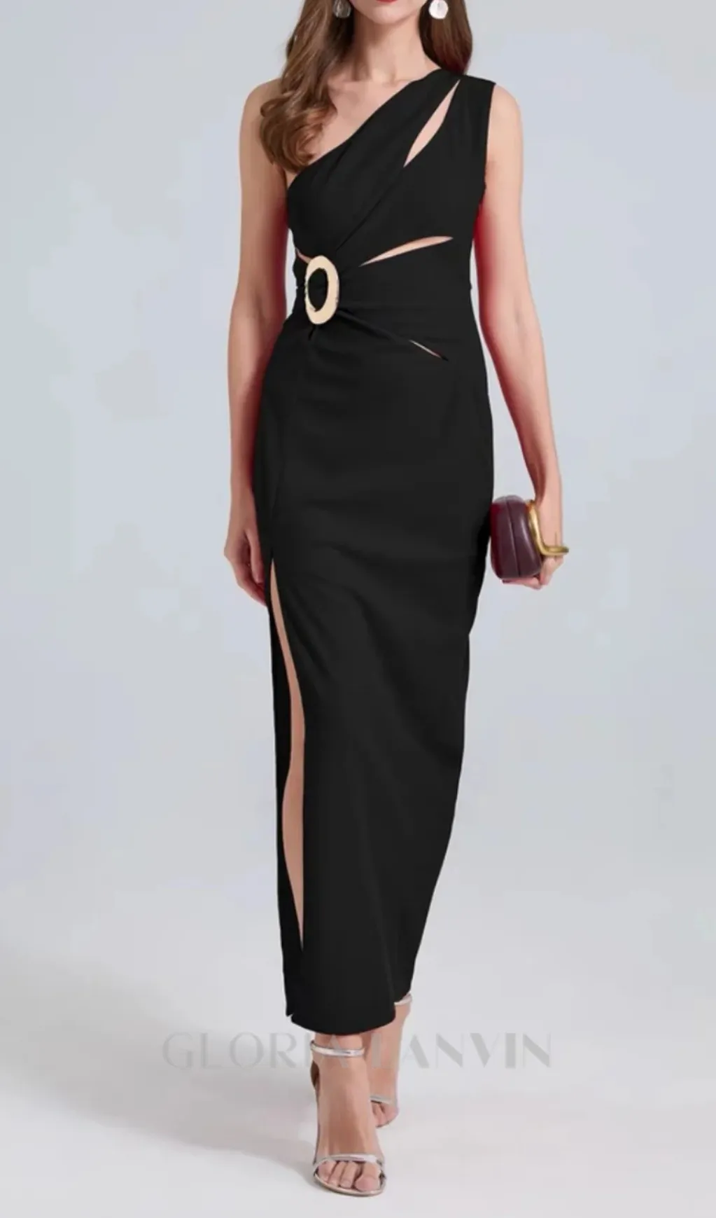 one-shoulder cutout side slit maxi dress in black Gloria Lanvin