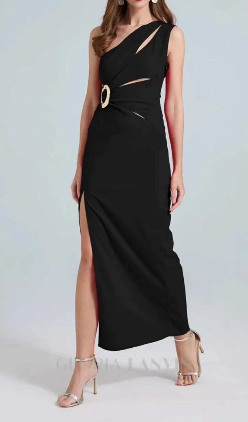 one-shoulder cutout side slit maxi dress in black Gloria Lanvin