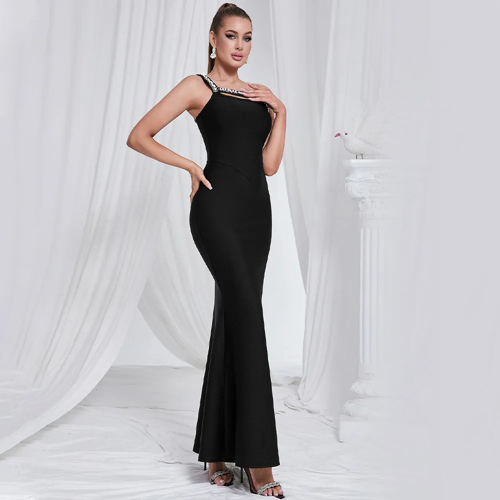 One Shoulder Diamond Bodycon Maxi Dress in black Gloria Lanvin