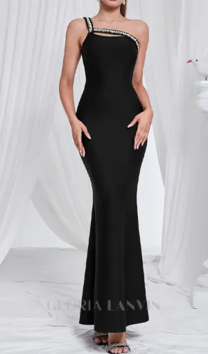 One Shoulder Diamond Bodycon Maxi Dress in black Gloria Lanvin