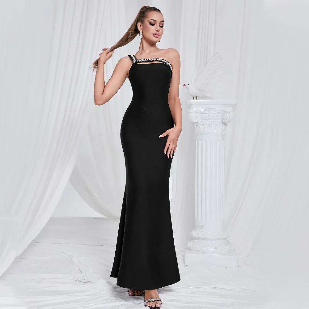One Shoulder Diamond Bodycon Maxi Dress in black Gloria Lanvin