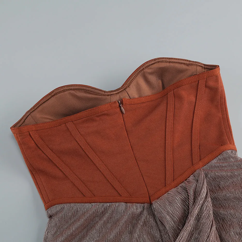 ONE SHOULDER DRAPED GLITTER BROWN CORSET OPEN BACK MAXI DRESS Gloria Lanvin