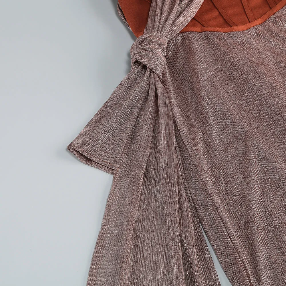 ONE SHOULDER DRAPED GLITTER BROWN CORSET OPEN BACK MAXI DRESS Gloria Lanvin