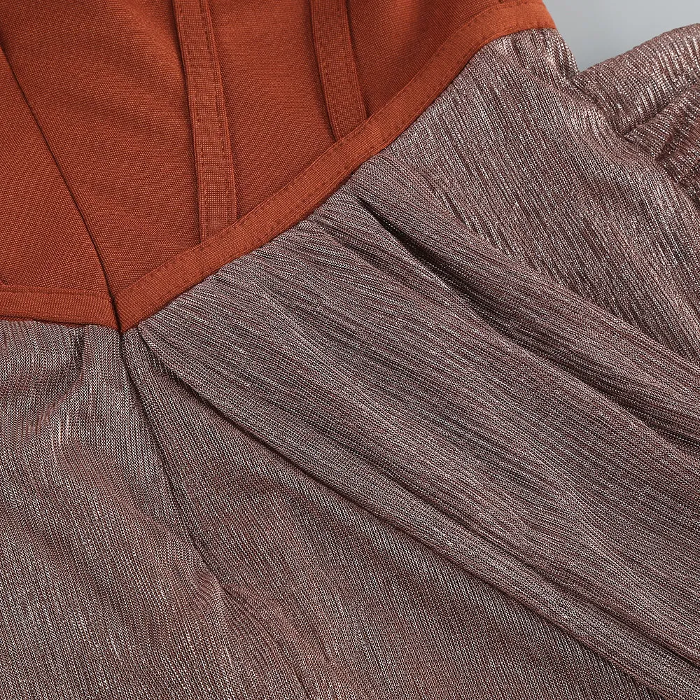 ONE SHOULDER DRAPED GLITTER BROWN CORSET OPEN BACK MAXI DRESS Gloria Lanvin
