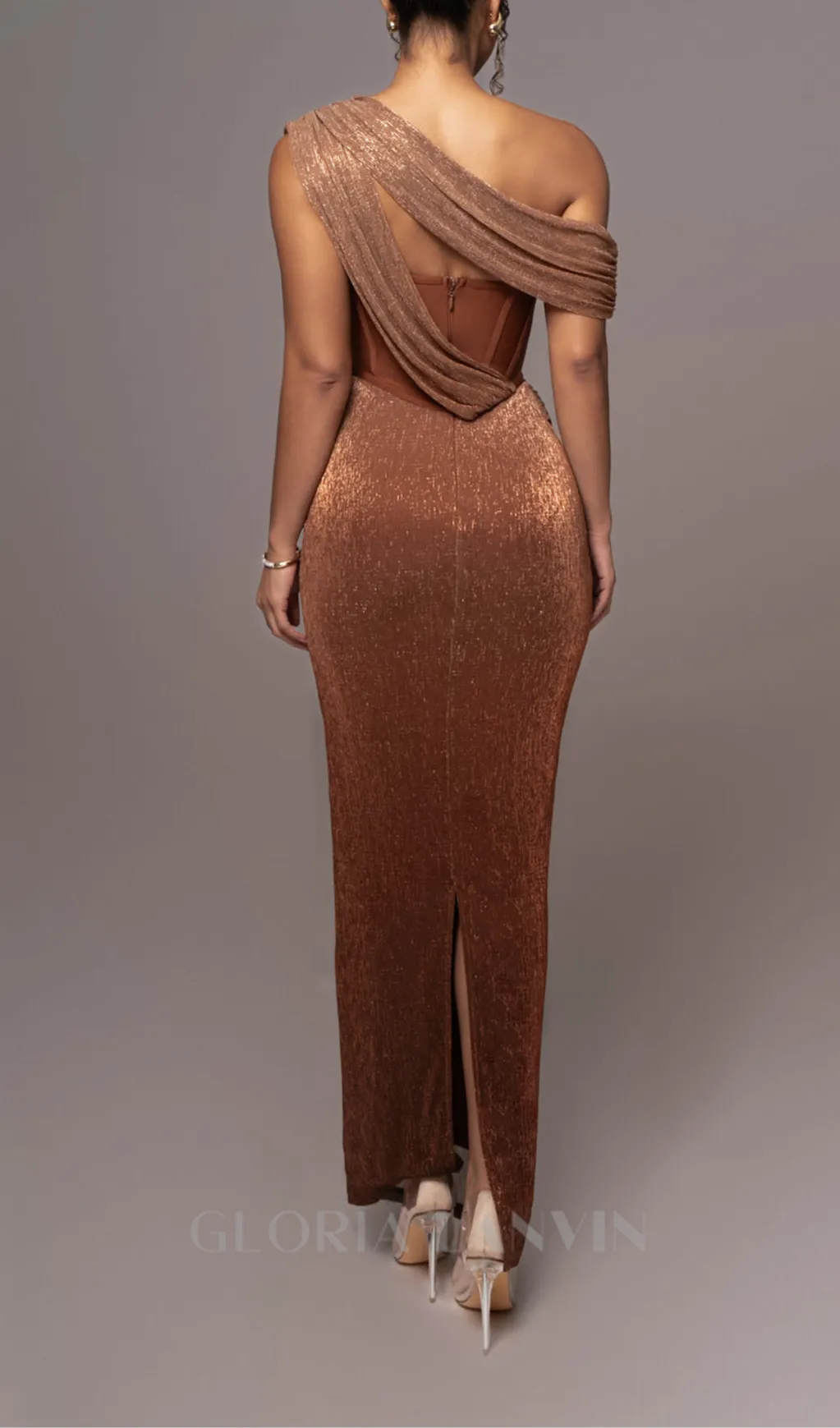ONE SHOULDER DRAPED GLITTER BROWN CORSET OPEN BACK MAXI DRESS Gloria Lanvin