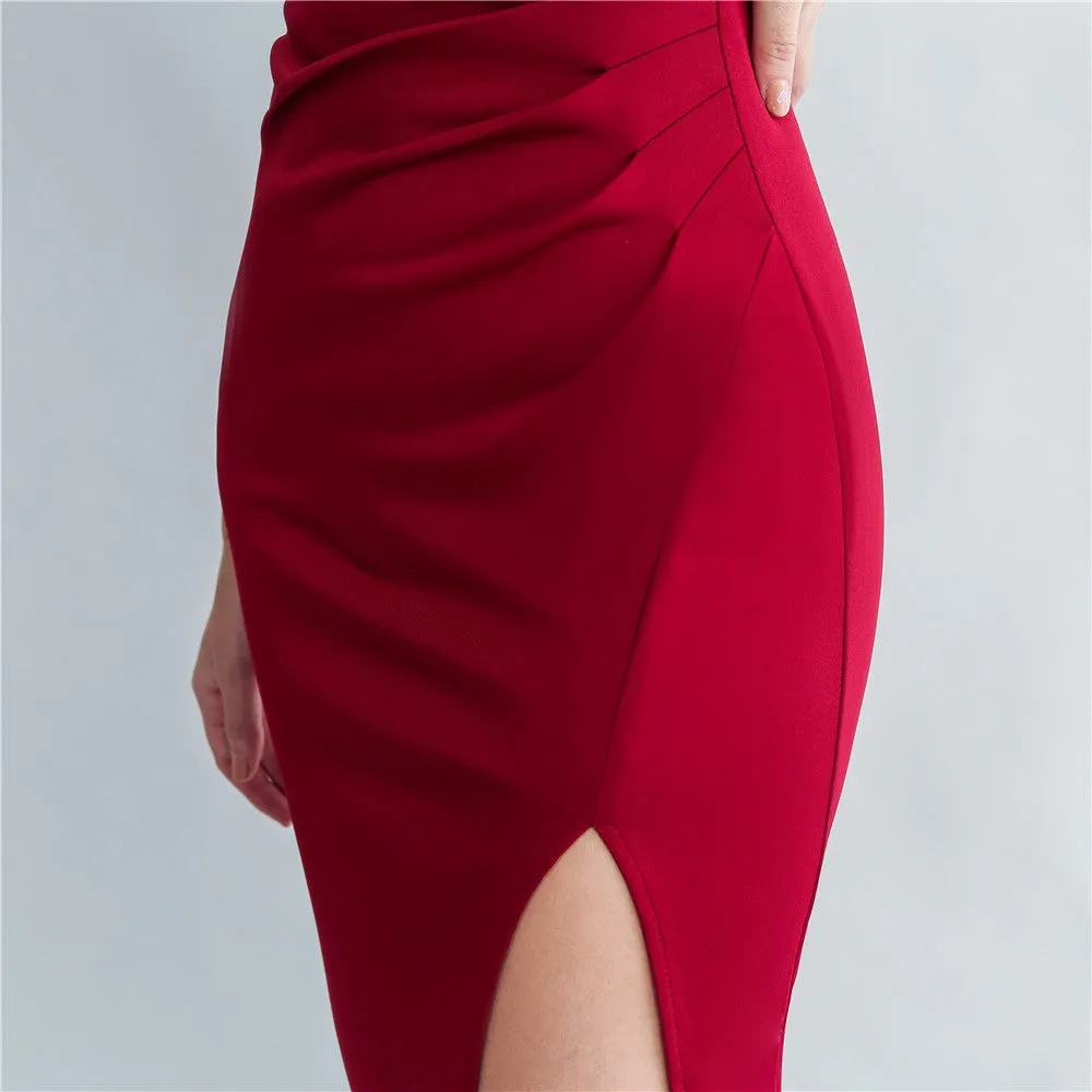 One-Shoulder embroidery High Slit Dress in red Gloria Lanvin