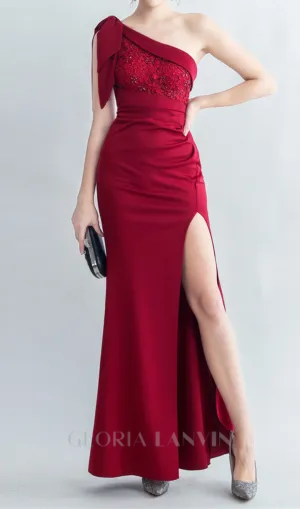 One-Shoulder embroidery High Slit Dress in red Gloria Lanvin