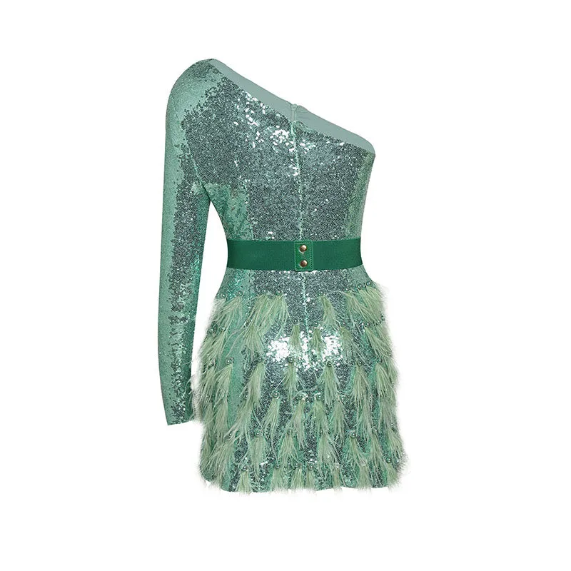 ONE-SHOULDER  FEATHER SEQUINS MINI DRESS Gloria Lanvin